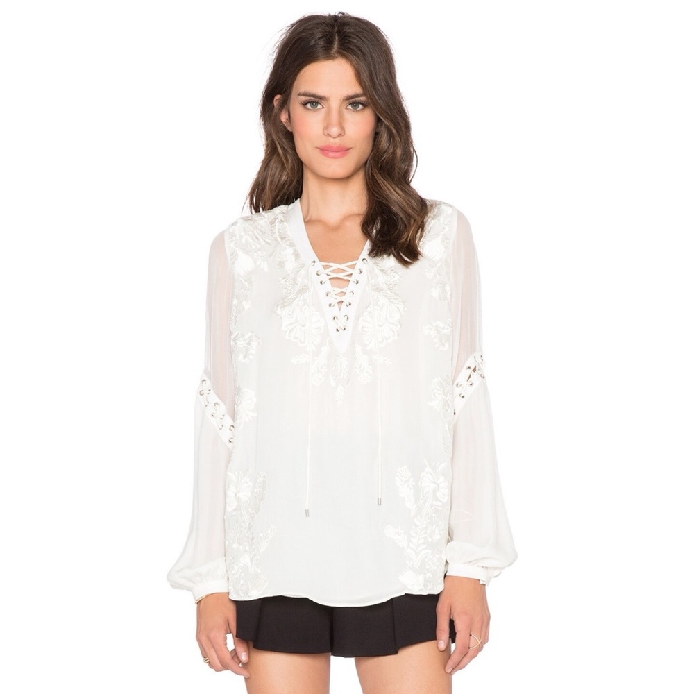 Haute Hippie Lace Up Front Floral Embroidered Silk Blouse in Swan Size Small